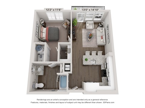 Floor plan for 1 bed, 1 bath, 681 sqft